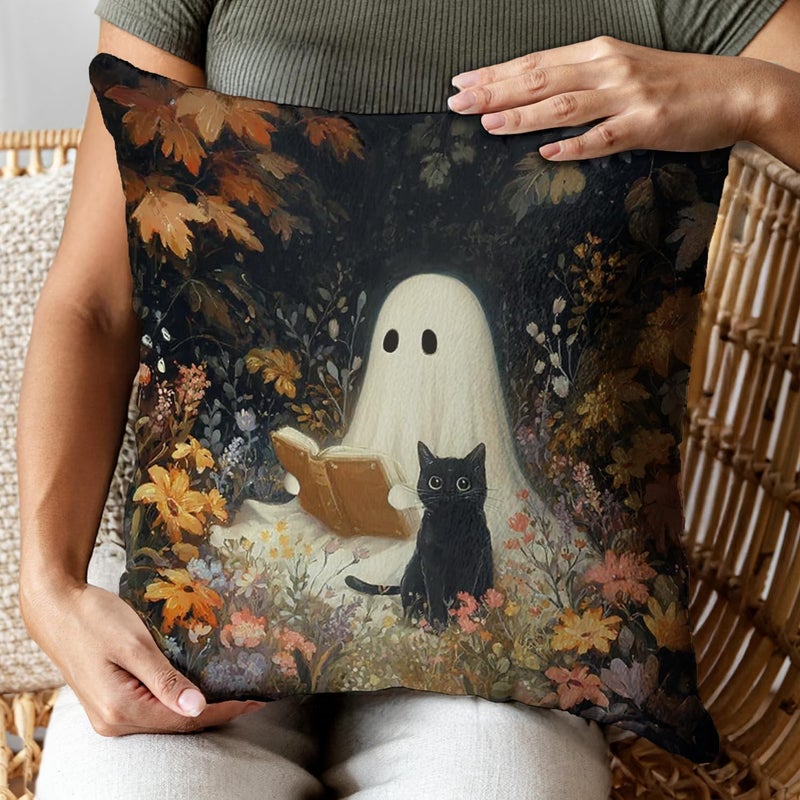 RBAFAO Vintage Floral Throw Pillow Covers, Vintage Flower Pattern Double Sided Cushion Cover, Indoor and Outdoor Home Art Decor Pillowcase for Sofa or Bedroom Decor 18x18inches (Ghost&Cat, 18x18inches) - Image 5
